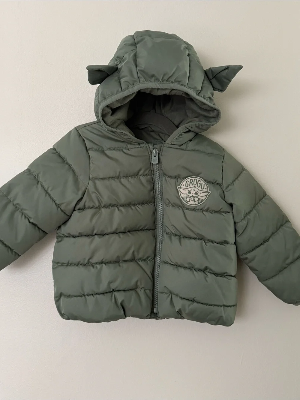 GAP Grogu Star Wars Olive Green Kids Puffer Jacket with Hooded Ears